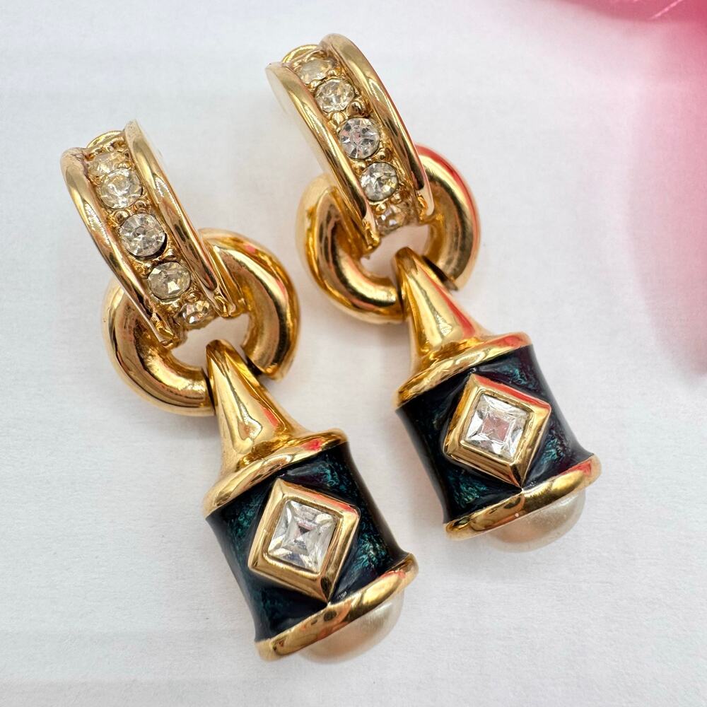 Vintage Piscitelli Blue Guilloche Door Knocker Earrings Gold Tone Rhinestones